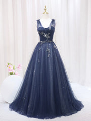 Ball Gown, Blue Tulle Beaded Long Prom Dress, Blue Evening Party Dress