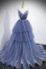 Bridesmaid Dresses Satin, Blue Layers Tulle Long Prom Dresses, A-Line Spaghetti Straps Evening Dresses