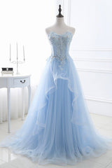 Sweet 29 Dress, Blue Strapless Tulle Lace Long A-Line Prom Dress, Blue Evening Dress