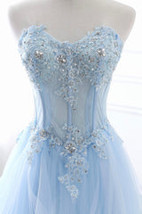 Fairytale Dress, Blue Strapless Tulle Lace Long A-Line Prom Dress, Blue Evening Dress