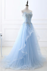 Light Blue Prom Dress, Blue Strapless Tulle Lace Long A-Line Prom Dress, Blue Evening Dress