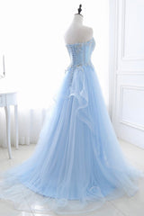 Silk Dress, Blue Strapless Tulle Lace Long A-Line Prom Dress, Blue Evening Dress