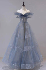 Party Dress Winter, A-Line Off Shoulder Layers Tulle Long Evening Dress, Blue Formal Dress