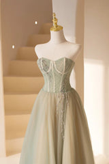 Party Dresses Sales, Lovely Strapless Long Tulle Prom Dress, A-Line Evening Dress