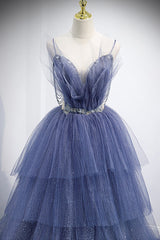 Bridesmaids Dresses Sale, Blue Layers Tulle Long Prom Dresses, A-Line Spaghetti Straps Evening Dresses