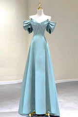 Bridesmaid Dresses Neutral, Blue Satin Long A-Line Prom Dress, Off the Shoulder Evening Dress