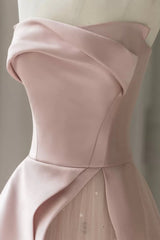 Bridal Shower Games, Pink Strapless Satin Floor Length Prom Dress, A-Line Formal Evening Dress