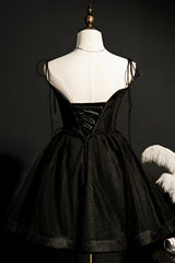 Bridesmaid Dresses With Sleeve, Black Tulle Short Prom Dress, Lovely A-Line Spaghetti Strap Party Dress