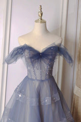 Party Dresses Australia, A-Line Off Shoulder Layers Tulle Long Evening Dress, Blue Formal Dress