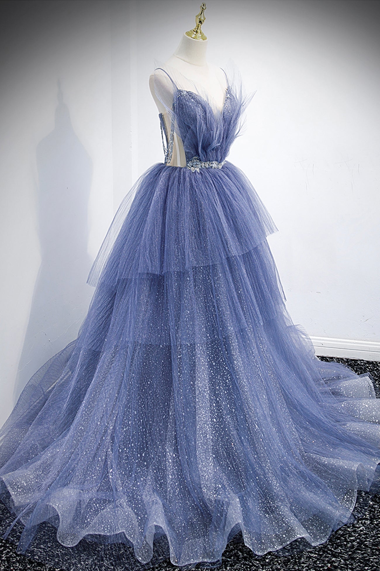 Bridesmaid Dresses Sale, Blue Layers Tulle Long Prom Dresses, A-Line Spaghetti Straps Evening Dresses