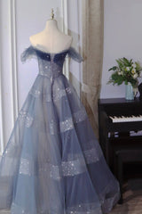 Party Dresses Winter, A-Line Off Shoulder Layers Tulle Long Evening Dress, Blue Formal Dress