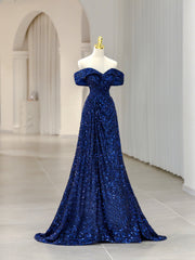 Bridesmaid Dresses Inspiration, Blue Sequins Long Prom Dress, Off the Shoulder Blue Evening Dress