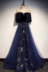 Prom Dresses 2036 Fashion Outfits, Blue Velvet Tulle Long Prom Dresses, Blue Formal Evening Dresses