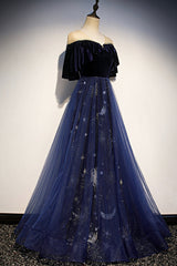 Prom Dress Cute, Blue Velvet Tulle Long Prom Dresses, Blue Formal Evening Dresses