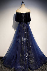 Prom Dresses Cute, Blue Velvet Tulle Long Prom Dresses, Blue Formal Evening Dresses