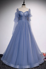 Prom Dresses White And Gold, Blue Tulle Beading Long Prom Dresses, A-Line Formal Evening Dresses