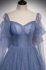 Prom Dresses Brown, Blue Tulle Beading Long Prom Dresses, A-Line Formal Evening Dresses