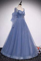 Red Prom Dress, Blue Tulle Beading Long Prom Dresses, A-Line Formal Evening Dresses