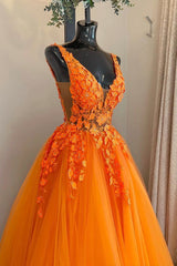 Gala Dress, Orange V-Neck Lace Long Prom Dresses, A-Line Evening Party Dresses