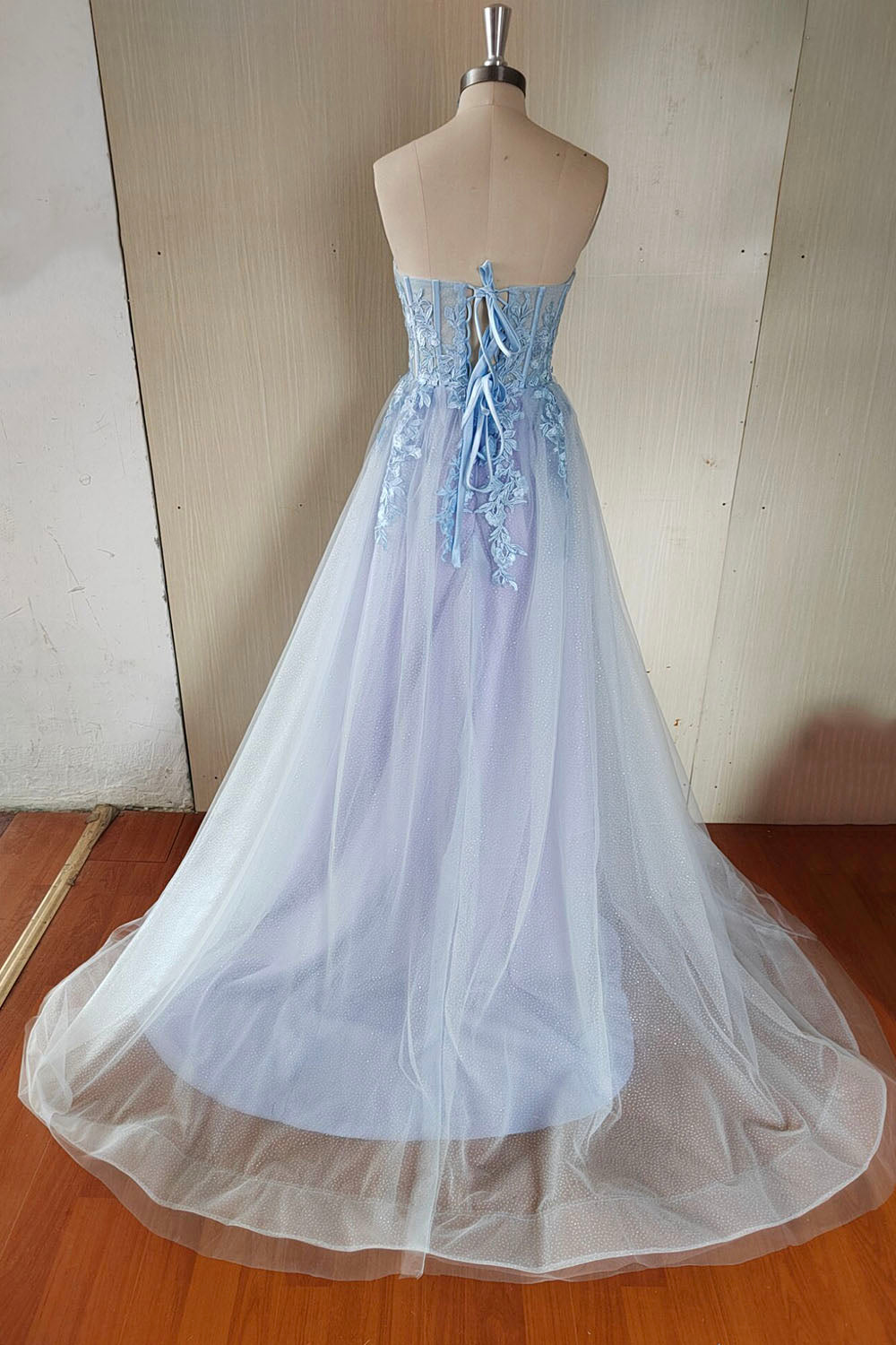 Bridesmaid Dresses Formal, Blue Strapless Lace Long A-Line Prom Dress, Blue Evening Party Dress