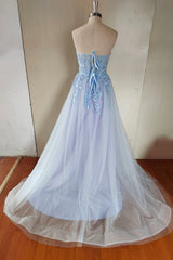 Bridesmaid Dresses Formal, Blue Strapless Lace Long A-Line Prom Dress, Blue Evening Party Dress