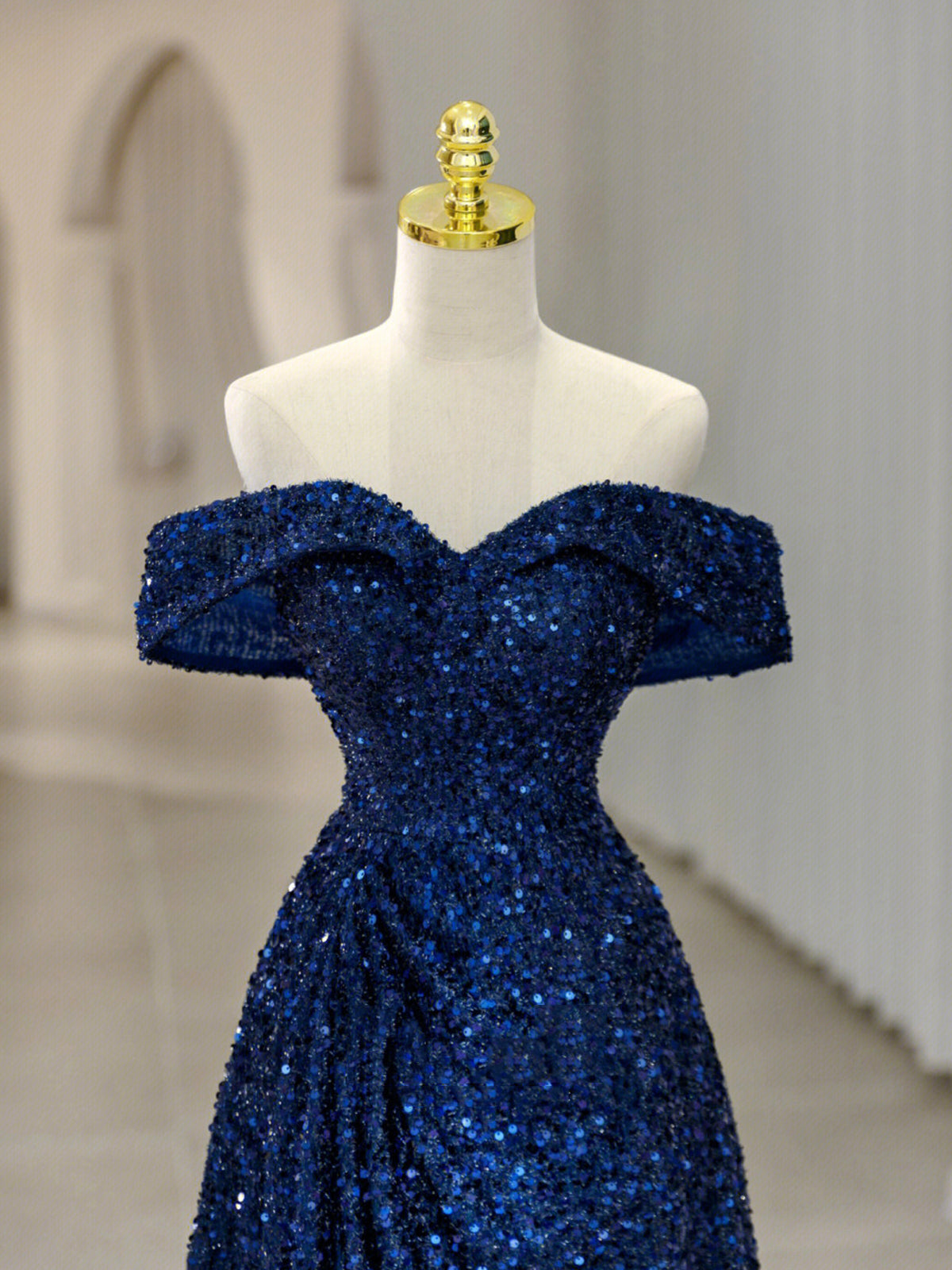 Bridesmaid Dress Inspiration, Blue Sequins Long Prom Dress, Off the Shoulder Blue Evening Dress