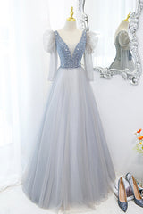 Formal Dresses Long Sleeved, Cute V-Neck Tulle Beaded Long Prom Dress, Gray A-Line Evening Party Dress