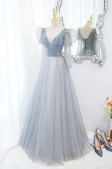 Formal Dress Long Sleeved, Cute V-Neck Tulle Beaded Long Prom Dress, Gray A-Line Evening Party Dress