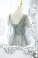 Formal Dresses Long Sleeves, Cute V-Neck Tulle Beaded Long Prom Dress, Gray A-Line Evening Party Dress