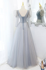 Formal Dresses For Middle School, Cute V-Neck Tulle Beaded Long Prom Dress, Gray A-Line Evening Party Dress