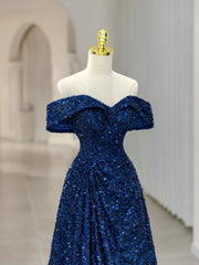 Bridesmaid Dress Idea, Blue Sequins Long Prom Dress, Off the Shoulder Blue Evening Dress