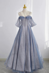 Bridesmaid Dresses Ideas, Blue Spaghetti Strap Tulle Long Prom Dress, A-Line Formal Dress