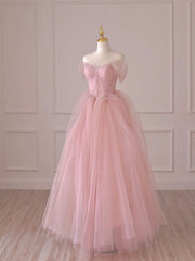 Bridesmaid Dresses With Lace, Pink Tulle Lace Long Prom Dress, Off the Shoulder Evening Dress