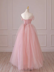 Bridesmaid Dress White, Pink Tulle Lace Long Prom Dress, Off the Shoulder Evening Dress