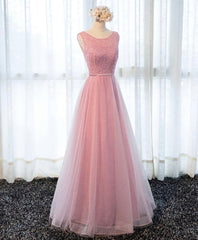 Evening Dress Open Back, A Line Round Neck Tulle Long Prom Dress, Lace Evening Dress