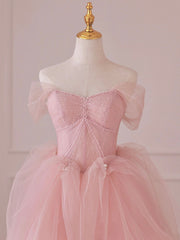 Bridesmaid Dresses Mismatched Summer, Pink Tulle Lace Long Prom Dress, Off the Shoulder Evening Dress