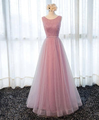 Evening Dress Sleeve, A Line Round Neck Tulle Long Prom Dress, Lace Evening Dress
