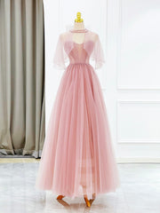 Bridesmaid Dress Blush, Pink Tulle Long Prom Dress with Beaded, Lovely A-Line Evening Dress