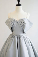 Formal Dresses Online, Gray Satin Long A-Line Prom Dress, Off the Shoulder Evening Dress with Pearls