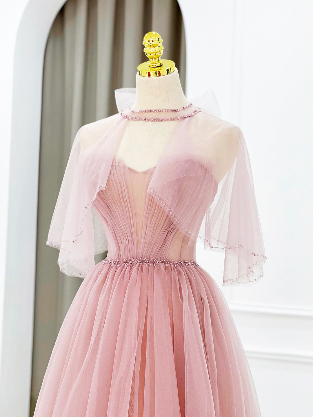 Bridesmaids Dresses Champagne, Pink Tulle Long Prom Dress with Beaded, Lovely A-Line Evening Dress