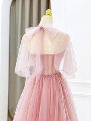 Bridesmaids Dress Champagne, Pink Tulle Long Prom Dress with Beaded, Lovely A-Line Evening Dress