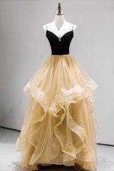Mother Of The Bride Dress, Black Straps V-Neck Layers Tulle Long Party Dresses, Glam Prom Dresses