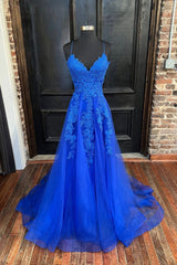 Prom Dress Piece, Blue V-Neck Tulle Long Prom Dresses, Elegant A-Line Lace Evening Dresses