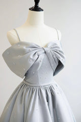 Formal Dress Ideas, Gray Satin Long A-Line Prom Dress, Off the Shoulder Evening Dress with Pearls