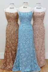 Bridesmaid Dress Red, Straps Mermaid Blue Lace Appliques Long Prom Dress