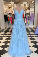 Hoco, Sky Blue V-Neck Lace Appliques Tulle Long Formal Dress