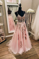 Bridesmaid Dresses Uk, Pink Tulle Lace Long Prom Dresses, Lovely A-Line Evening Dresses