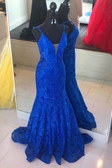 Bridesmaid Dress Fall, Elegant V Neck Mermaid Royal Blue Long Lace Prom Dress