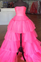 Bridesmaids Dresses With Lace, Elegant Strapless Layered Hot Pink Long Prom Dress with Slit