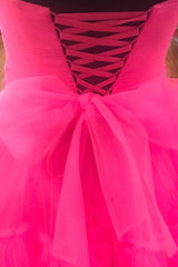 Bridesmaid Dresses Mismatched Summer, Elegant Strapless Layered Hot Pink Long Prom Dress with Slit